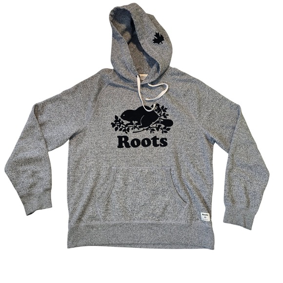 Roots Grey Speckled Logo Hoodie Sweatshirt Beaver Icon Maple Leaf Size M - Picture 1 of 12